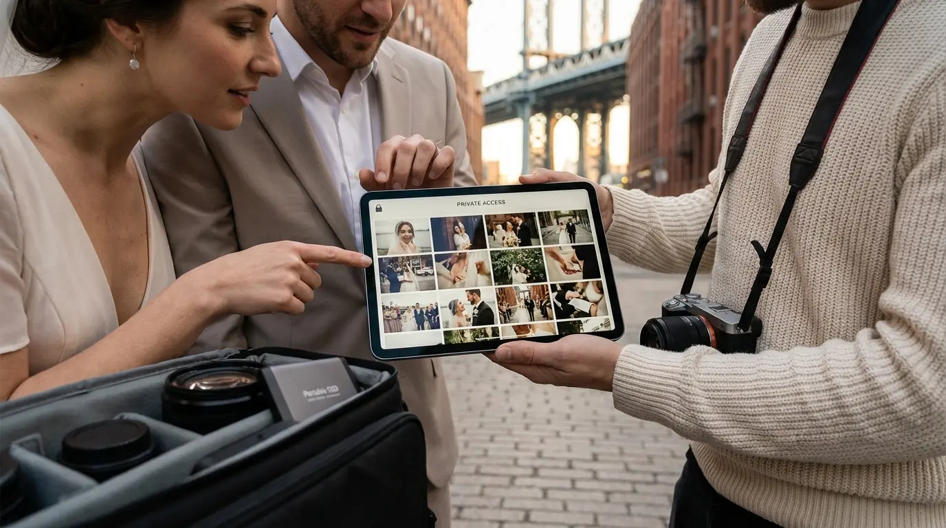 Photo Gallery Brooklyn couple reviewing gallery on tablet at DUMBO waterfront
