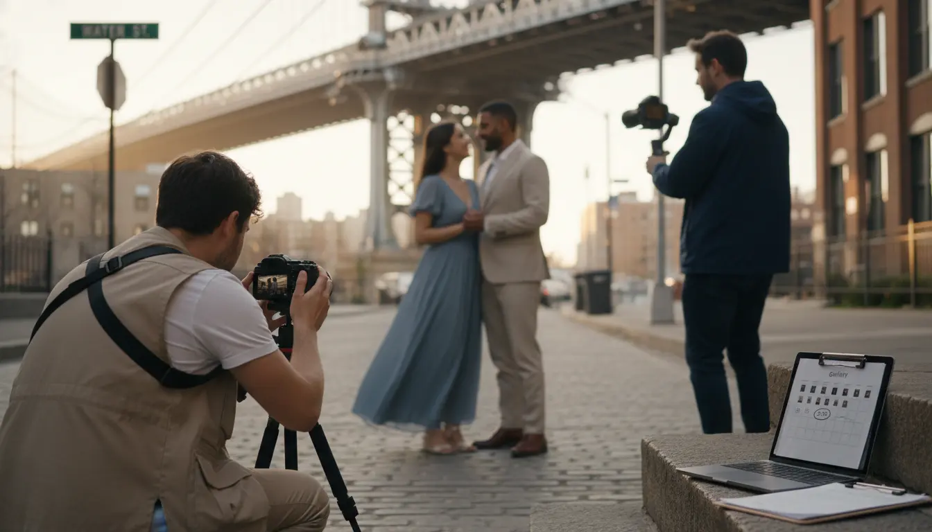 photography and videography Brooklyn showing photographer framing couple and videographer with gimbal