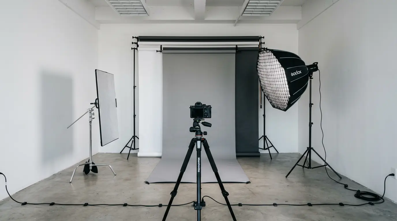 Brooklyn photography service studio workspace with multiple backdrops and strobe lighting equipment