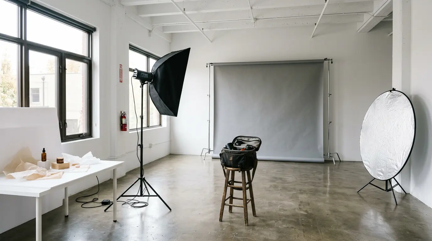 Photography studio in Brooklyn with portrait backdrop commercial flatlay and lighting setup