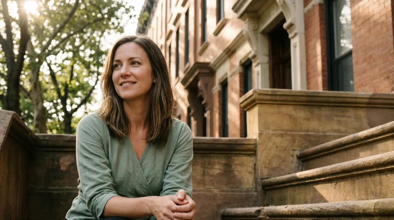 Woman seated on Park Slope brownstone stoop during outdoor portrait session Brooklyn natural light