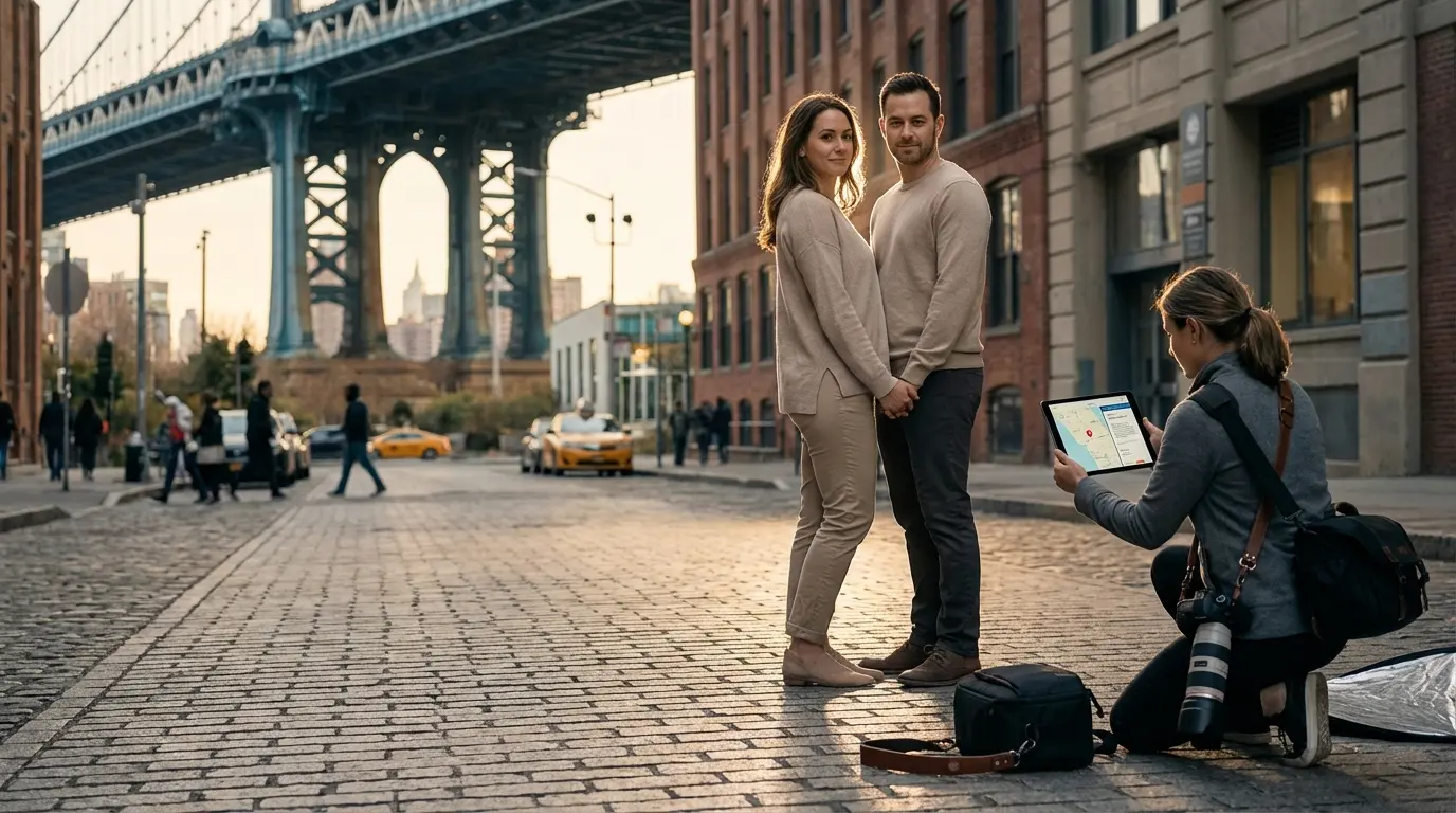 Pre-wedding photo Brooklyn — photographer showing tablet map and permit to couple on DUMBO cobblestones with Manhattan Bridge in background