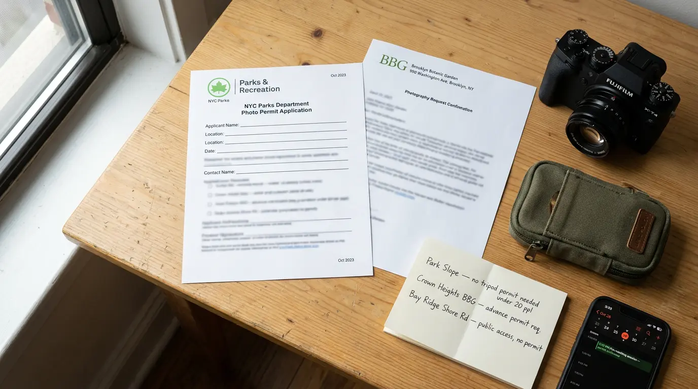 Brooklyn pre wedding photoshoot permit documentation from NYC Parks and Brooklyn Botanic Garden with camera equipment and neighborhood logistics notes