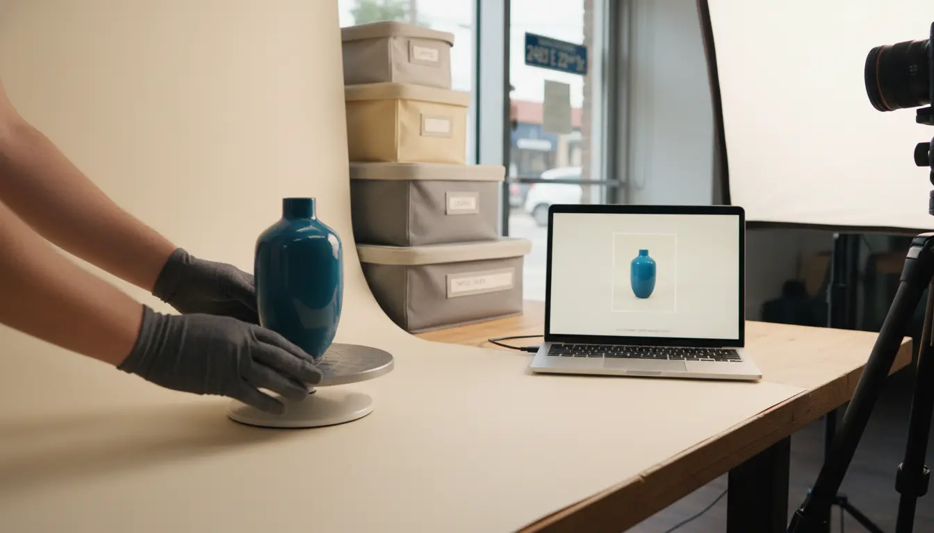 Product photography in Brooklyn showing photographer adjusting product on turntable with tethered laptop preview and studio address visible