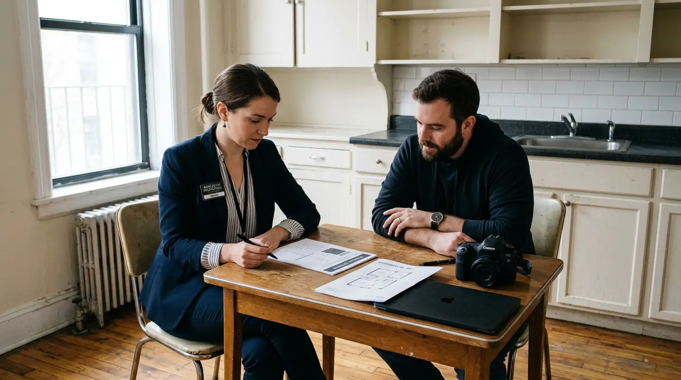 Real estate photographer and Brooklyn agent reviewing listing photography package options before shoot