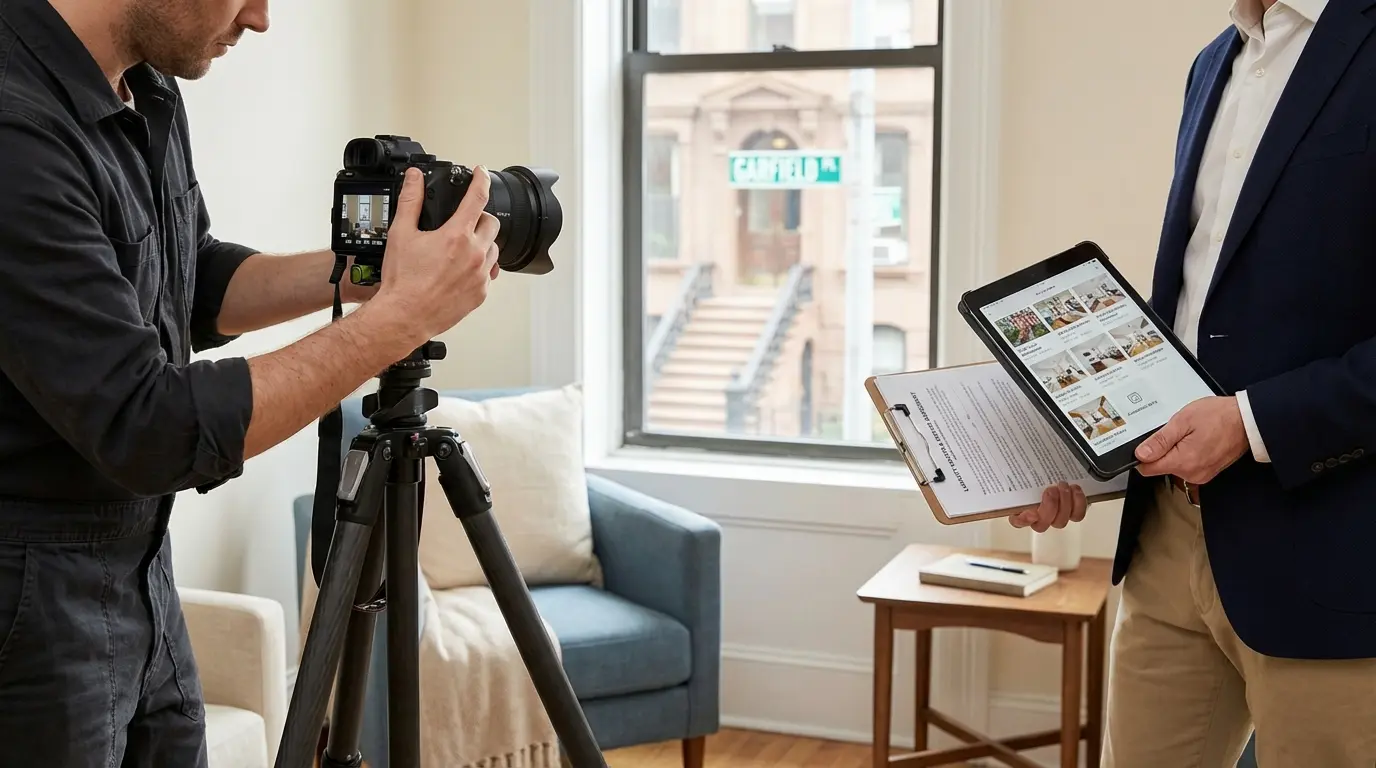 Real estate photography Brooklyn - photographer adjusting tripod in brownstone living room with tablet gallery visible