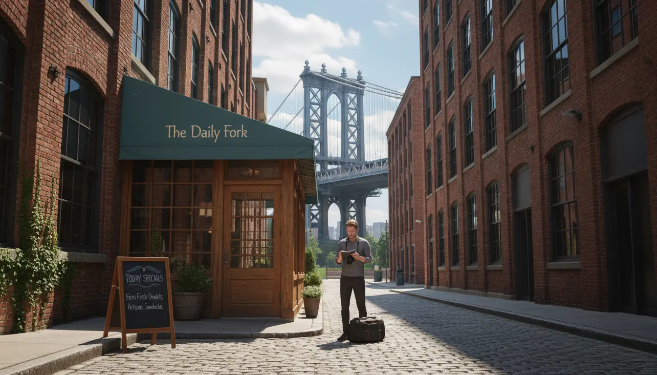 Food photography Brooklyn: restaurant exterior with Brooklyn Bridge view and photographer