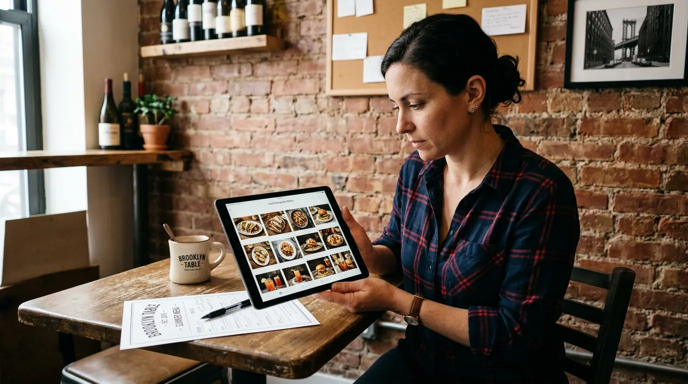 Brooklyn restaurant owner reviewing final delivered food photography gallery on tablet after completed shoot session