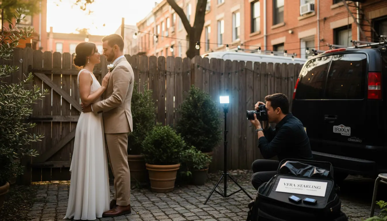 Rural wedding photography Brooklyn photographer photographing couple in backyard garden with LED light