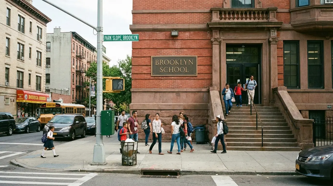School portraits Brooklyn showing school exterior, entrance, and street sign