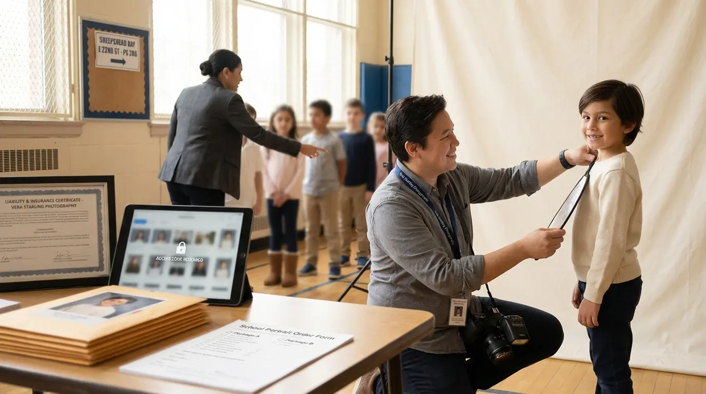 School portraits Brooklyn — photographer photographing a student at a portable backdrop with ID badge and printed sample packages on a table