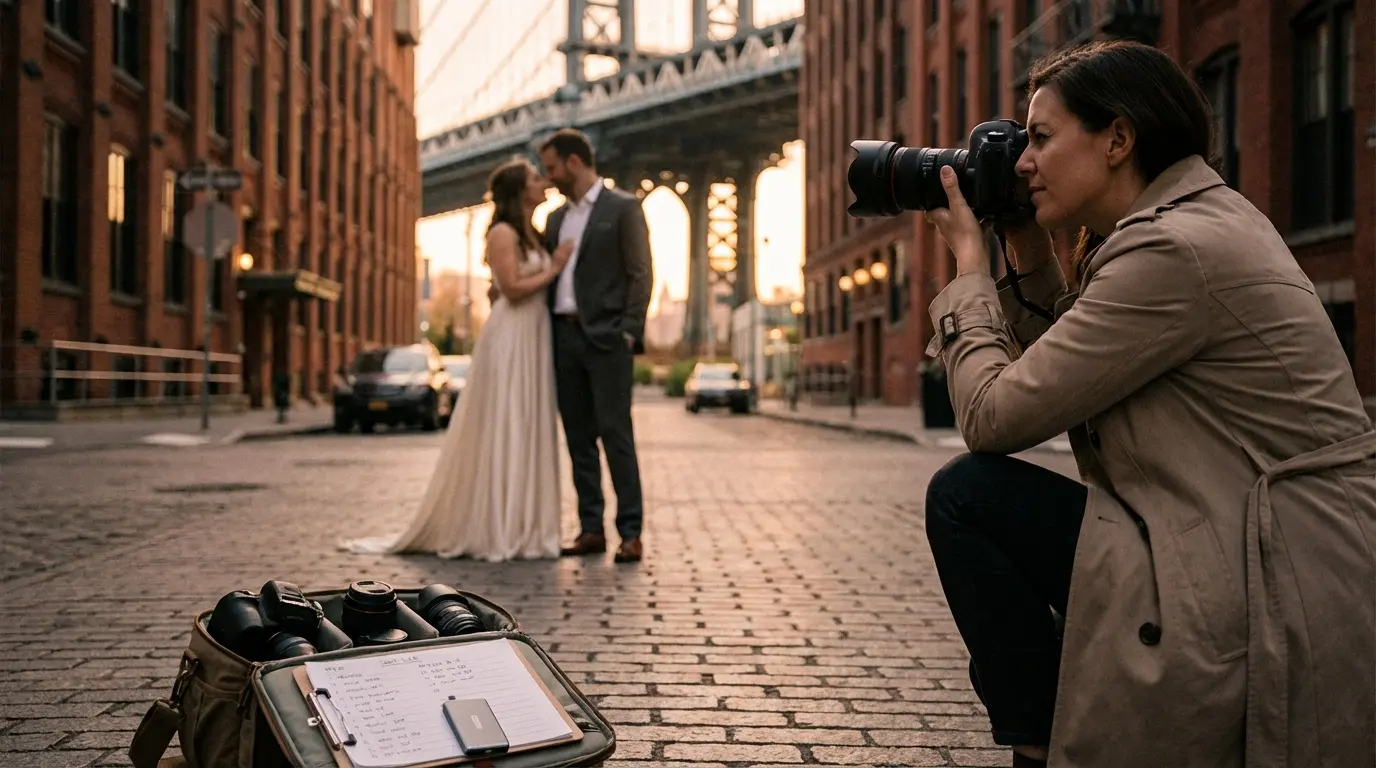 Still photos in Brooklyn showing photographer photographing couple on DUMBO cobblestone street with visible backup camera and external SSD