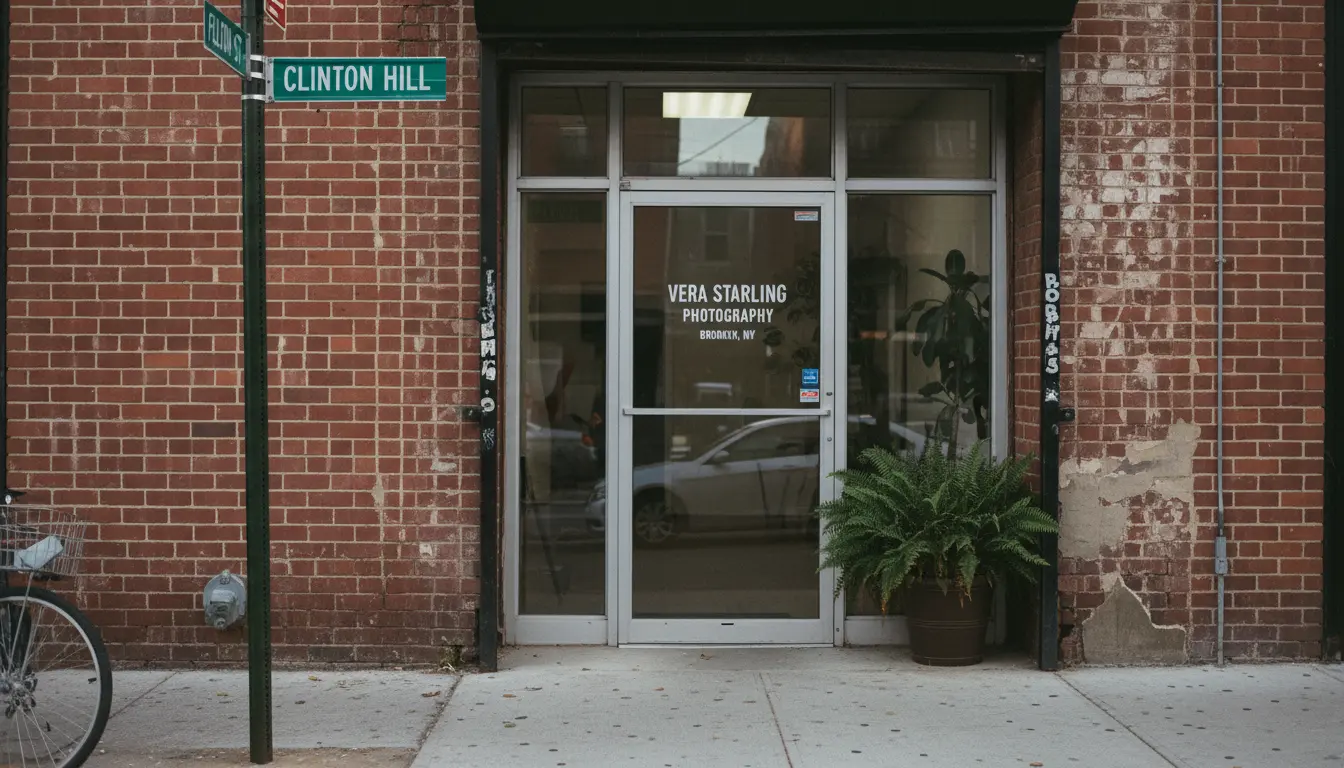 Portrait photography studio entrance in Brooklyn showing Vera Starling decal on door and neighborhood sign