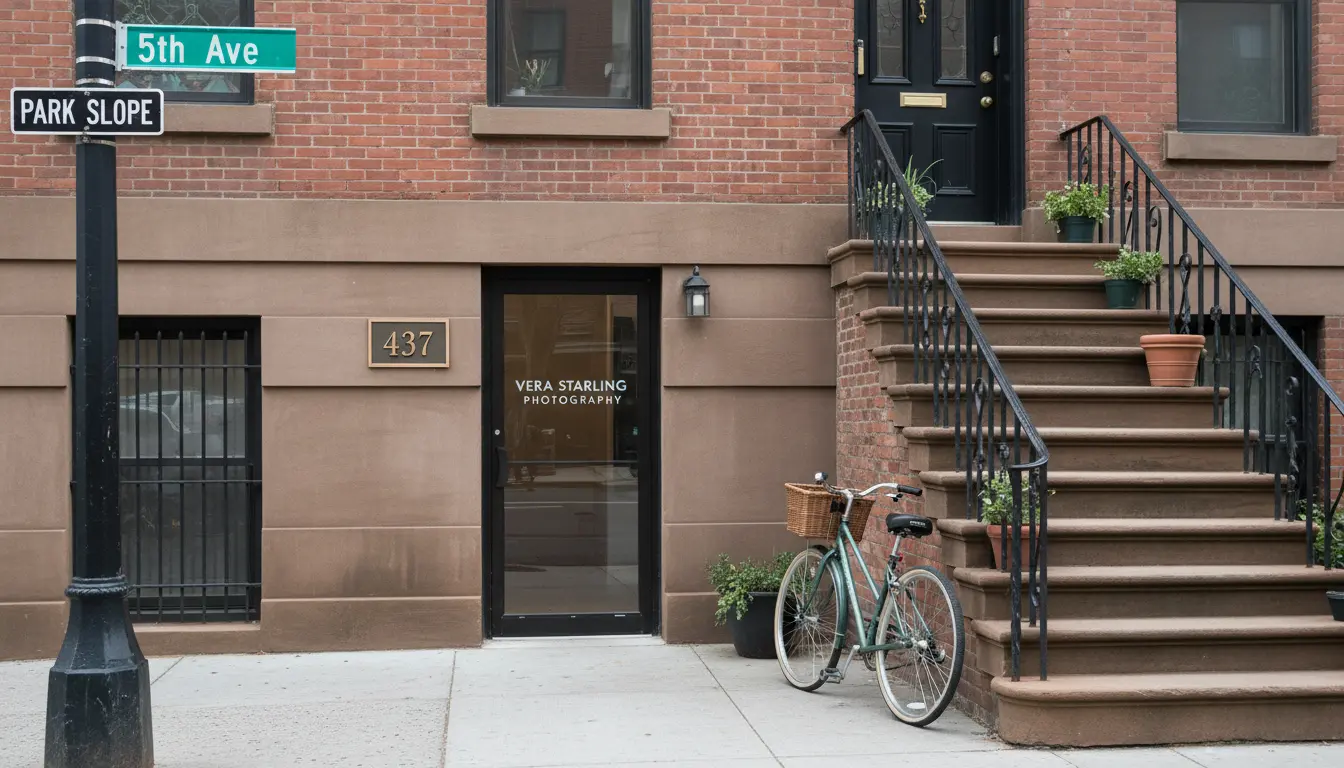 Newborn photography in Brooklyn studio exterior with business sign and Park Slope street sign