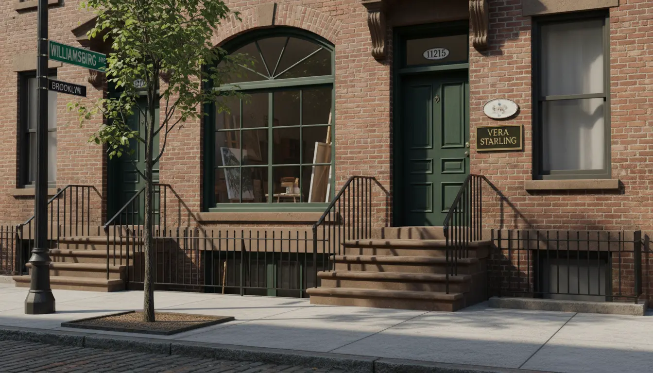 Video editing studio exterior in Brooklyn showing business sign and street address