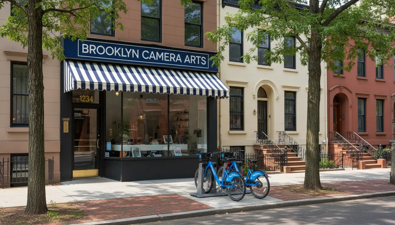 Maternity and newborn photography studio exterior in Brooklyn with visible address sign and storefront