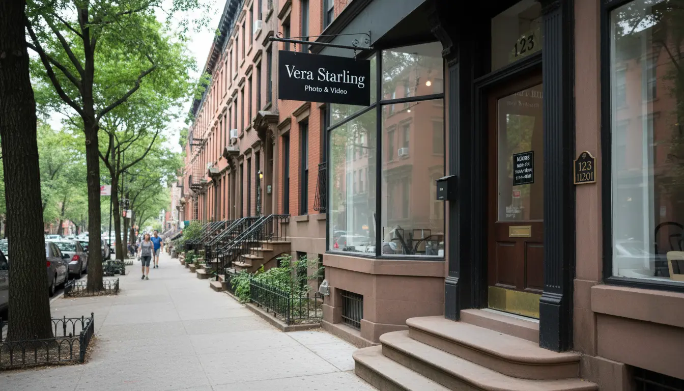 family video production in Brooklyn studio exterior with Vera Starling storefront sign