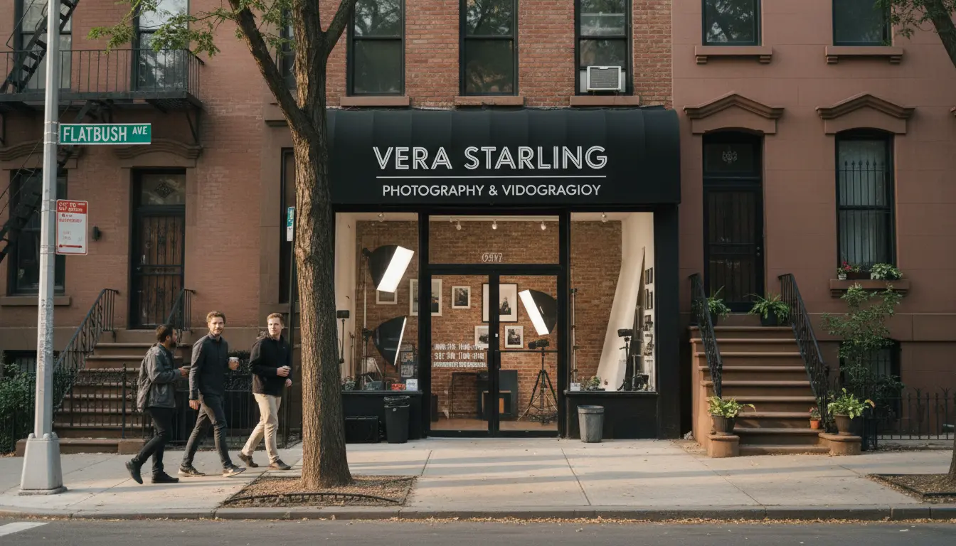 Cinematic wedding videography Brooklyn - Vera Starling studio storefront with sign and Brooklyn street view