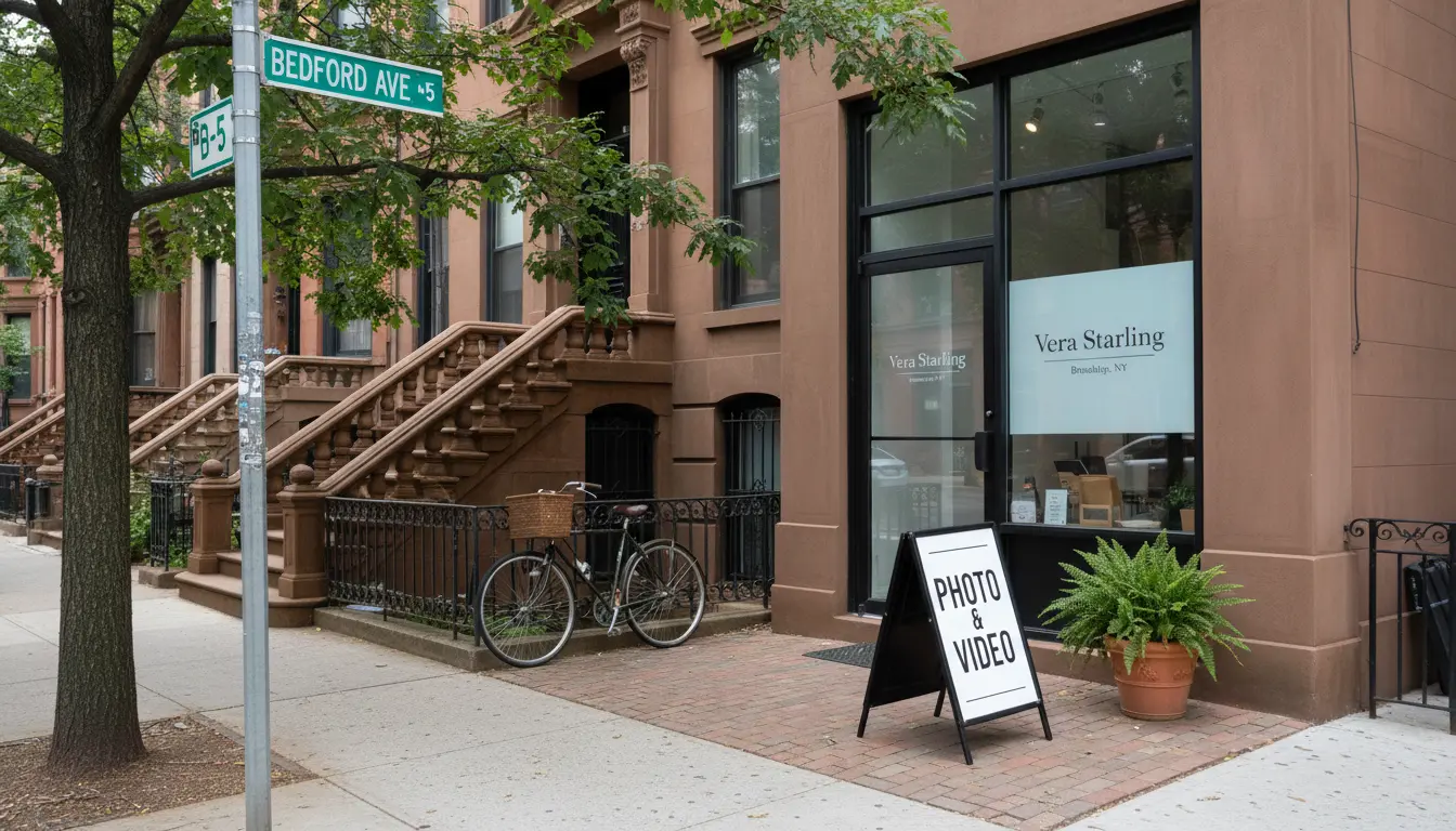 Color correction service studio storefront with Vera Starling sign, Brooklyn exterior