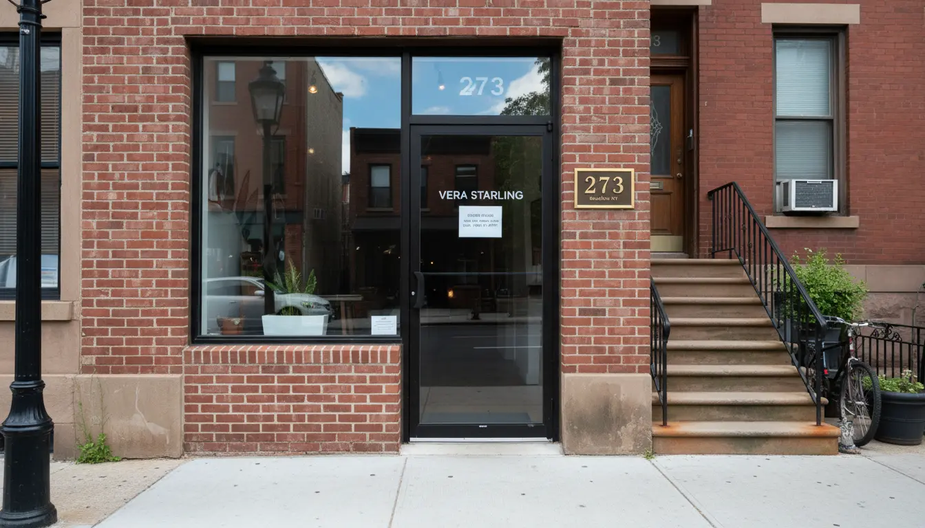 Commercial video production Brooklyn - studio storefront with company name decal and address plaque visible