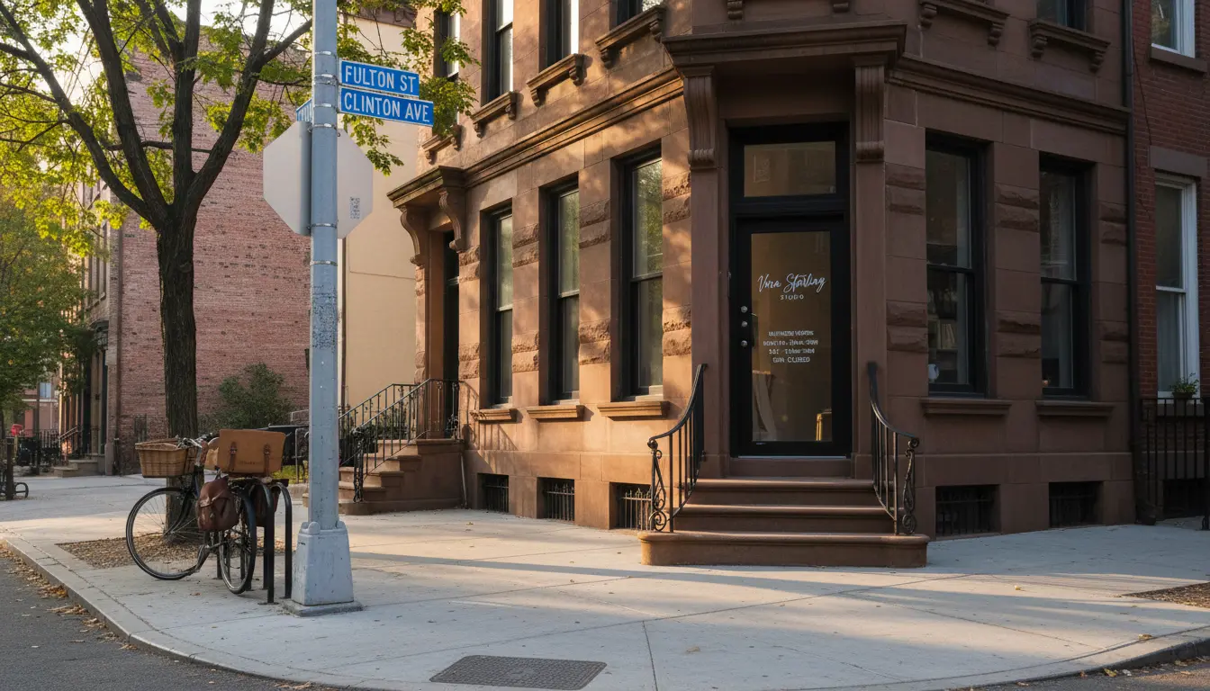 wedding videography studio exterior in Brooklyn showing studio sign and street sign