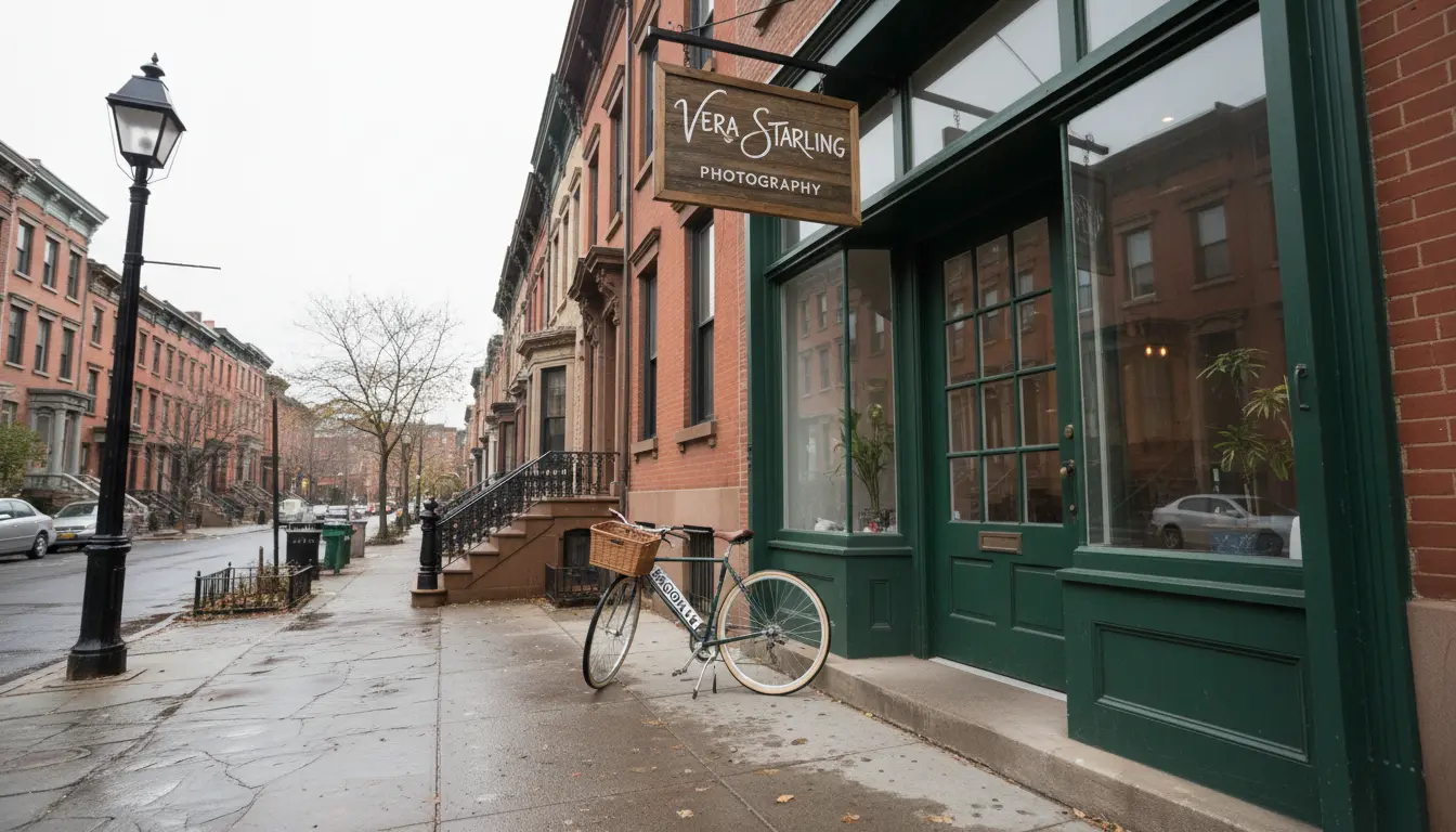 Food photography Brooklyn: studio entrance with sign and Brooklyn street scene
