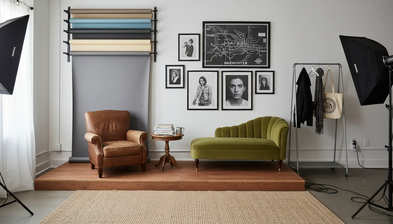 headshot photography Brooklyn studio interior with backdrops seating and local map