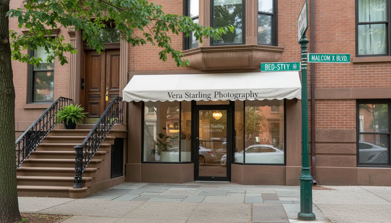 Corporate photography studio storefront in Brooklyn showing studio sign and street address details