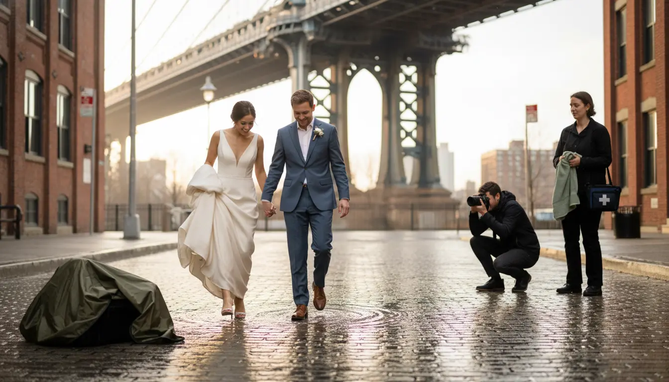 Trash-the-dress photography Brooklyn couple on cobblestone street in DUMBO with Manhattan Bridge, photographer and towel kit visible