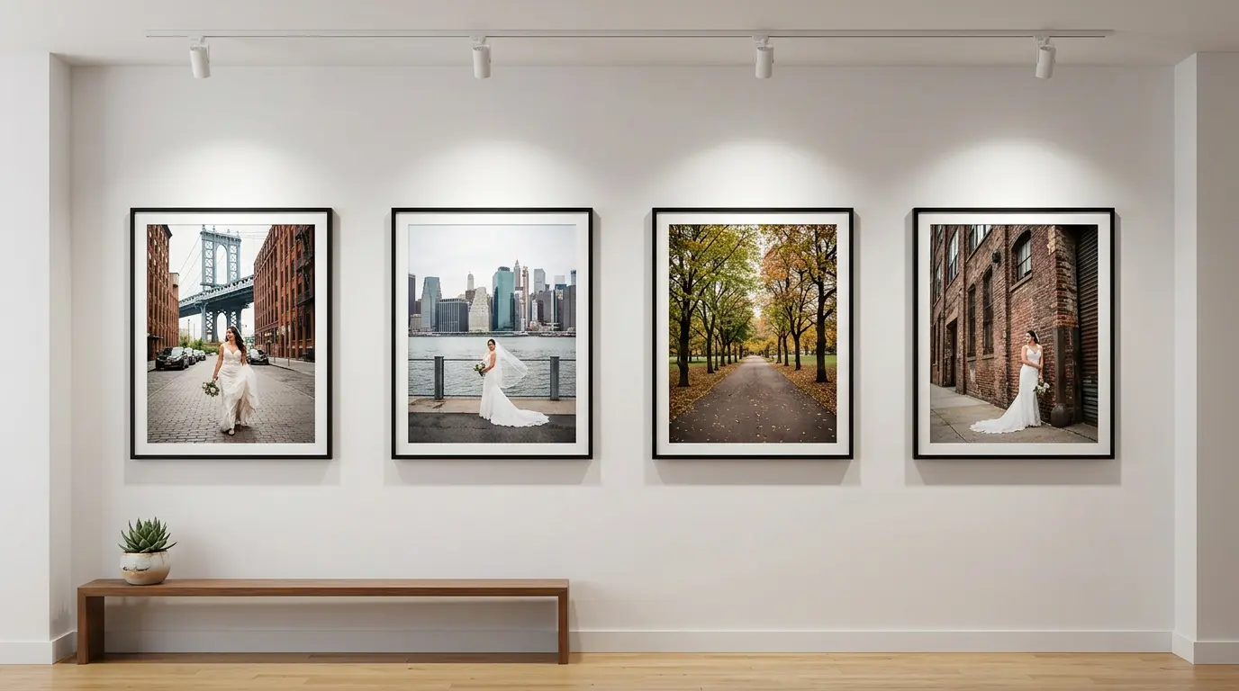 Brooklyn trash-the-dress photography portfolio prints displayed on studio gallery wall showing DUMBO Greenpoint and park locations