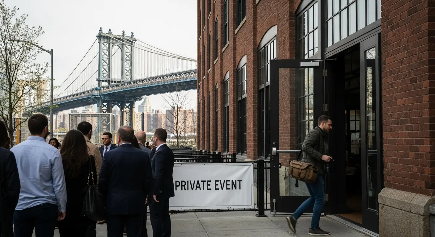 Event photographer in Brooklyn arriving at DUMBO venue exterior with Manhattan Bridge visible