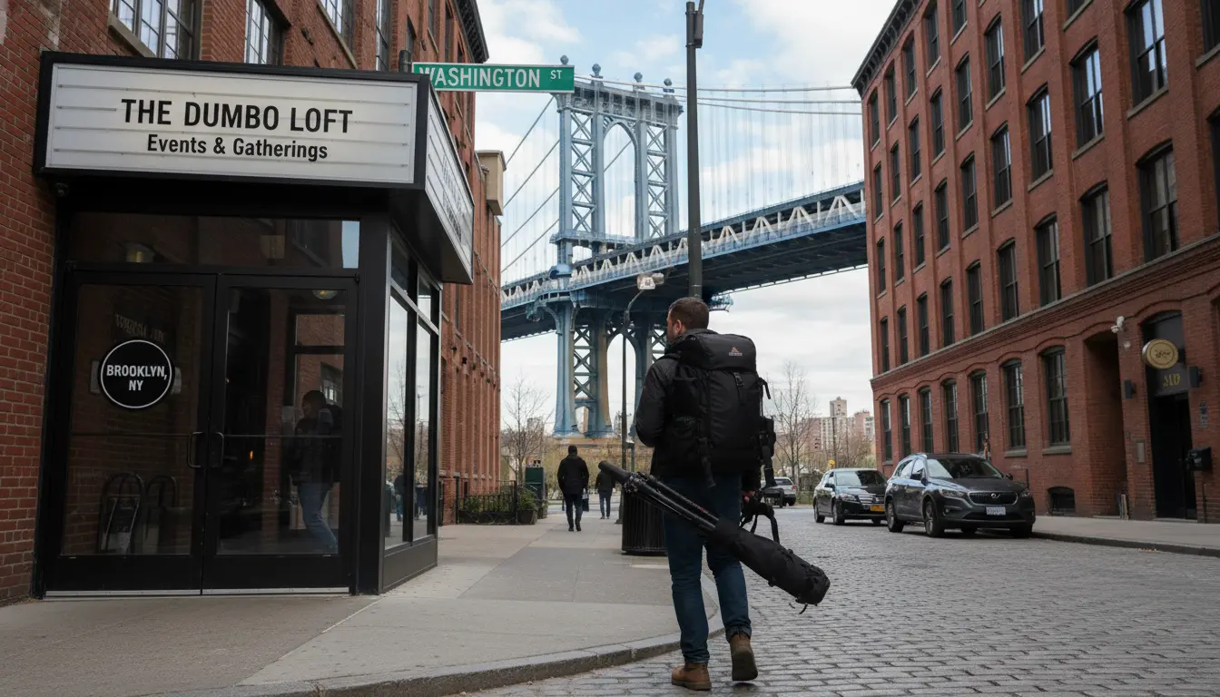 party photography Brooklyn photographer at DUMBO venue entrance with Manhattan Bridge visible