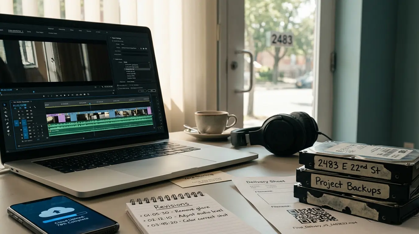 Video editing workstation in Brooklyn studio showing timeline on laptop, export settings, and labeled backup drive with studio address