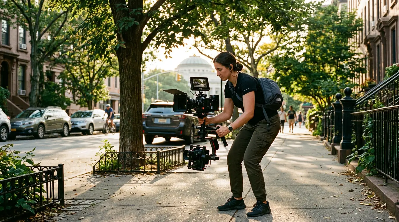 Video production service on location in Park Slope Brooklyn videographer filming street scene