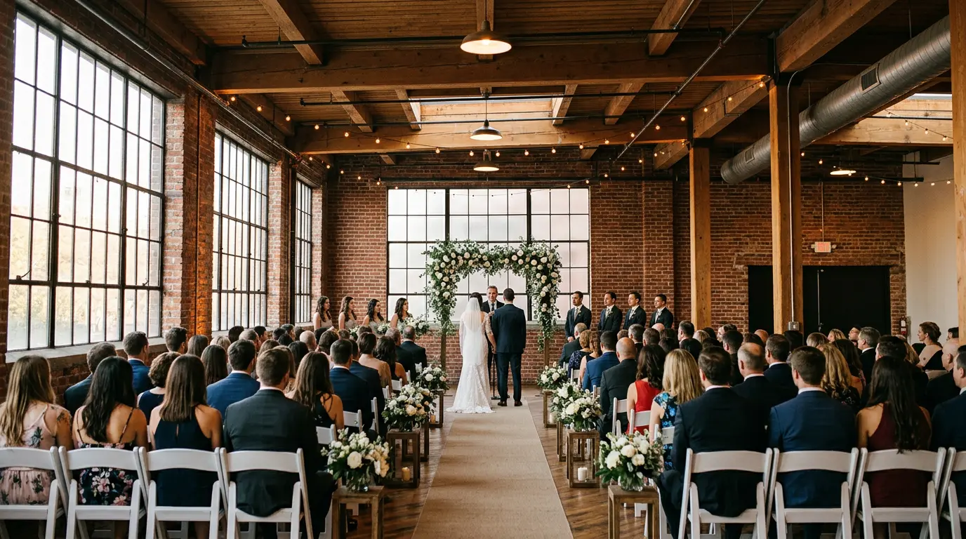 Brooklyn wedding ceremony photography inside loft venue with full guest coverage and floral aisle