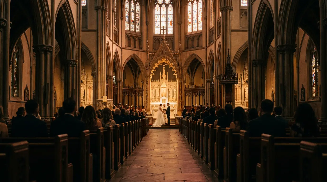 Wedding ceremony photography inside historic Brooklyn Gothic Revival church with couple at altar and stained glass light