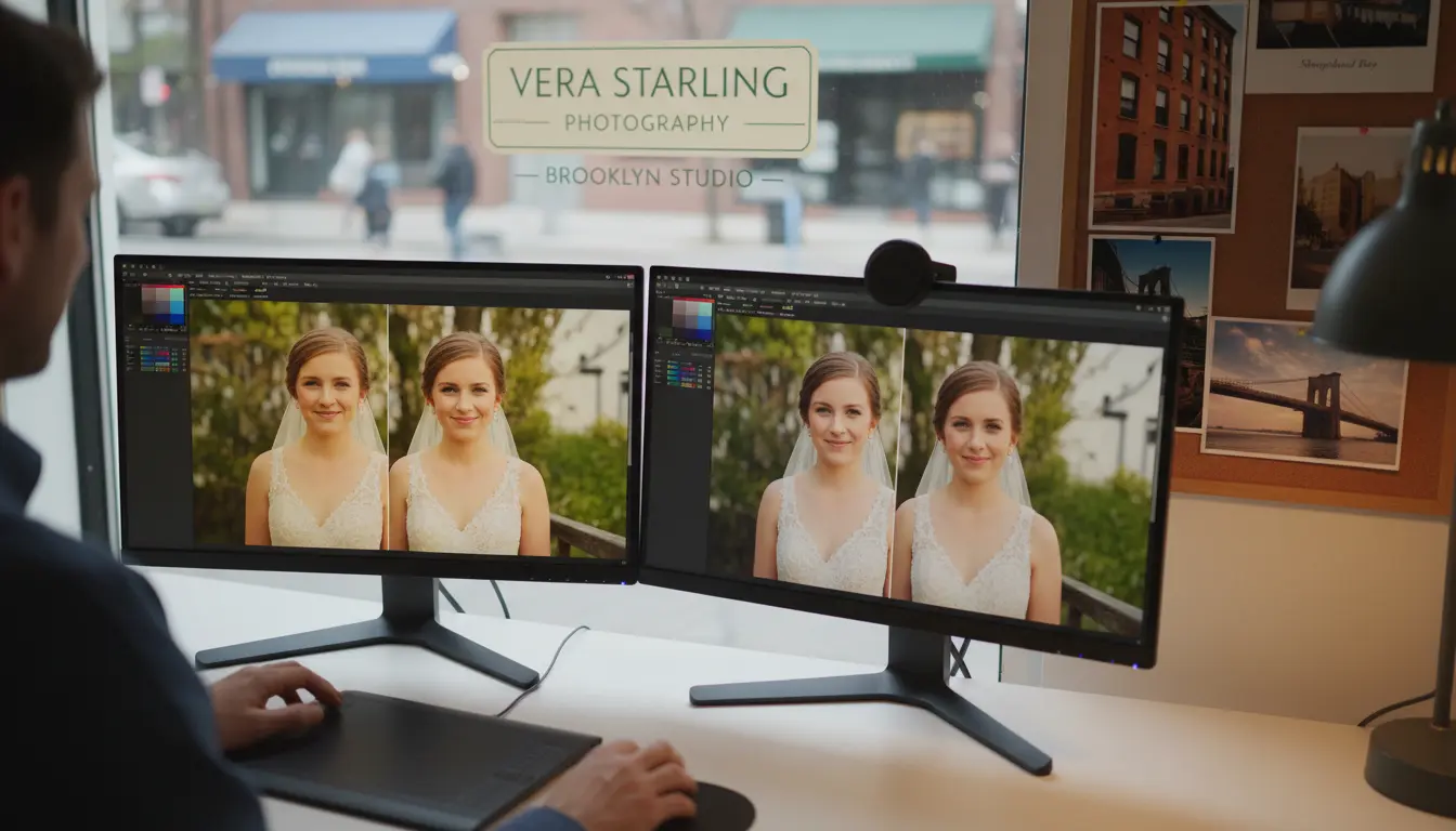 Color correction Brooklyn studio editor adjusting wedding photo on calibrated monitor showing before/after and visible color scopes
