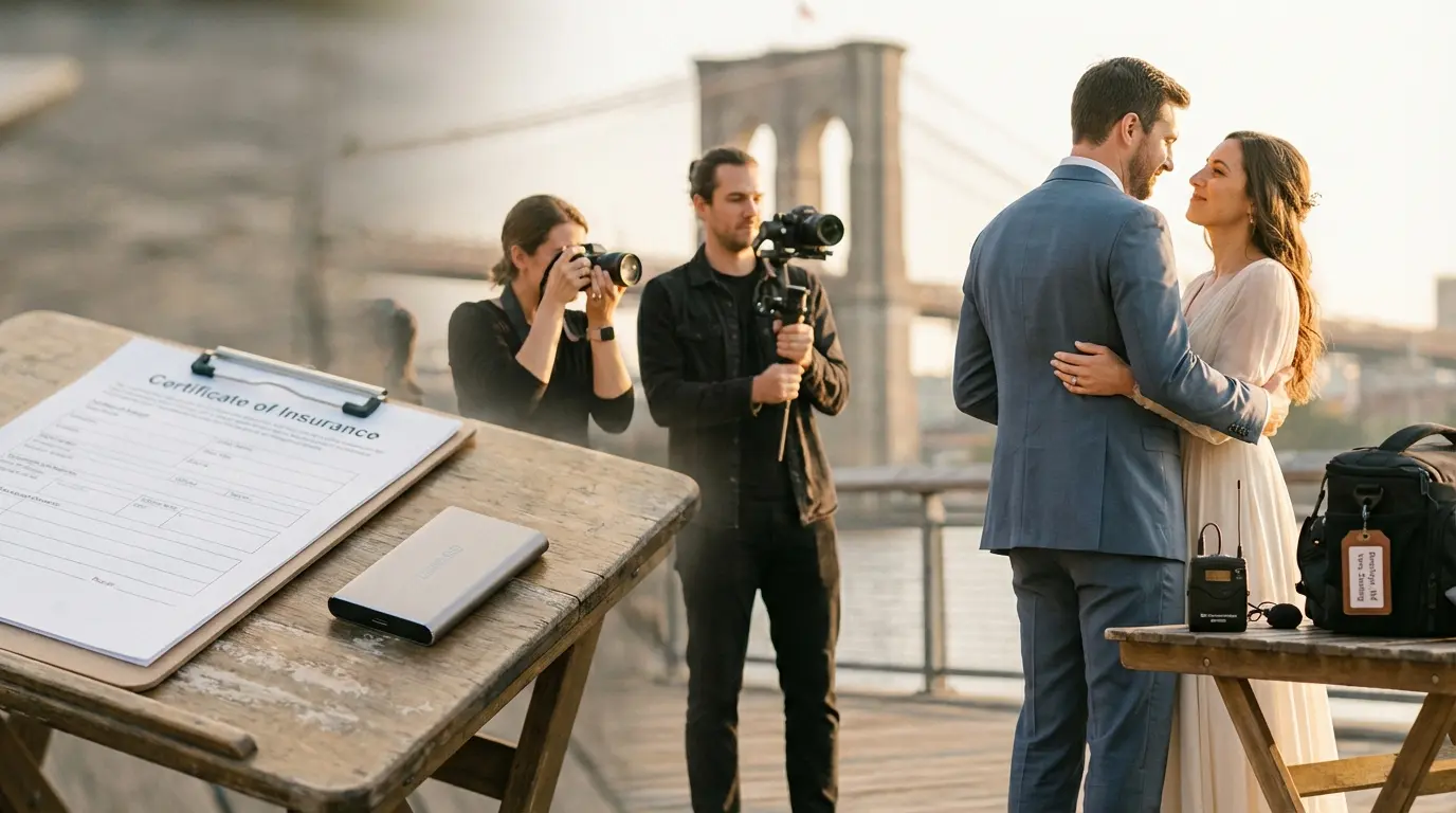 Photo & Video team in Brooklyn photographing a couple (first-look) with camera, gimbal, and visible on-site backup drive