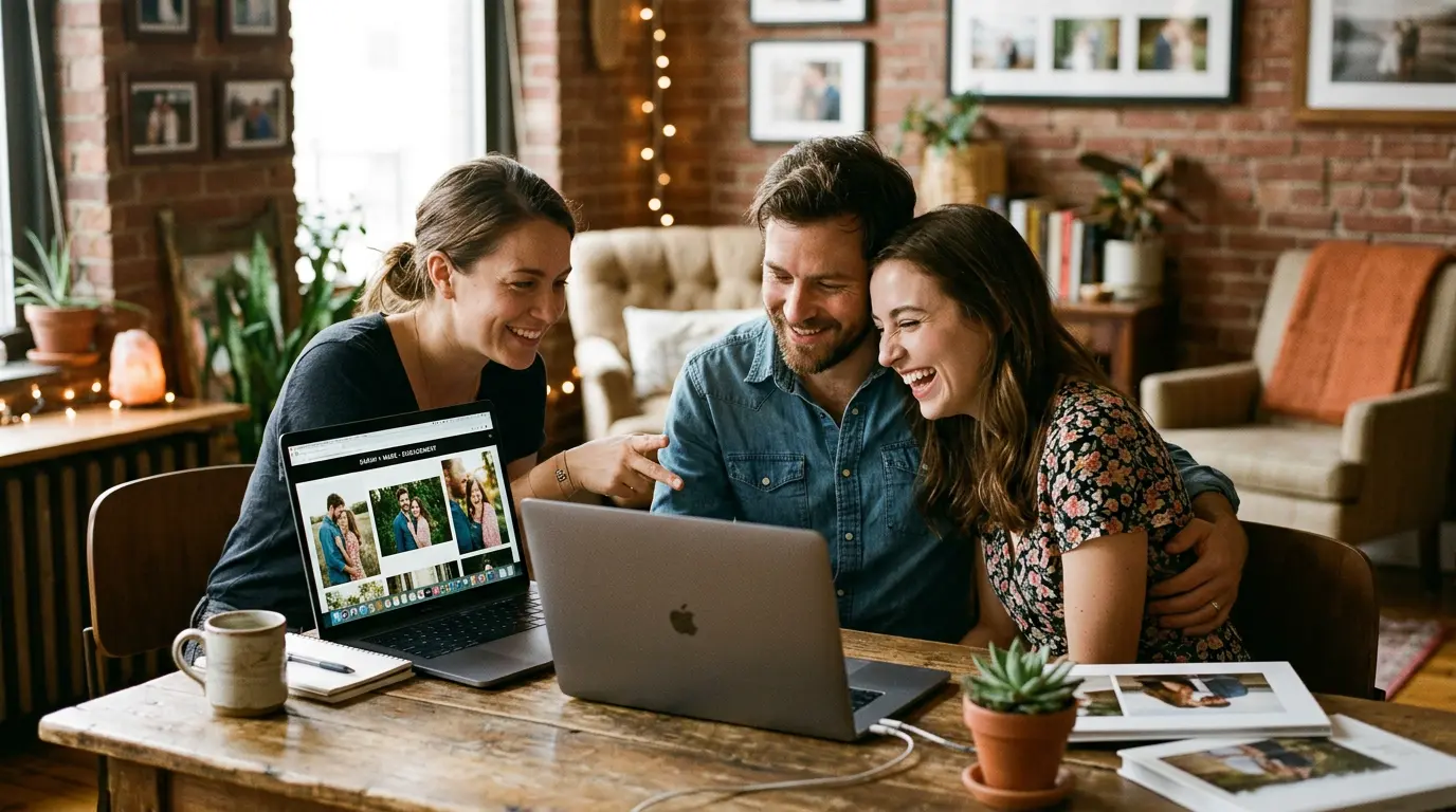 Wedding photographer in Brooklyn NY seated with engaged couple reviewing portrait previews on laptop during studio consultation