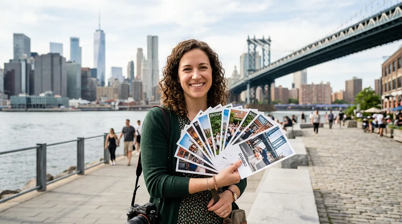 Wedding photographer holding fanned printed photos of Brooklyn neighborhood locations at Brooklyn Bridge Park waterfront, Manhattan Bridge visible in background, Brooklyn NY