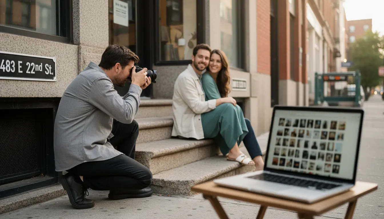 Wedding photographer in Brooklyn photographing a couple on Sheepshead Bay storefront steps with studio address plaque '2483 E 22nd St' visible and a laptop gallery in foreground