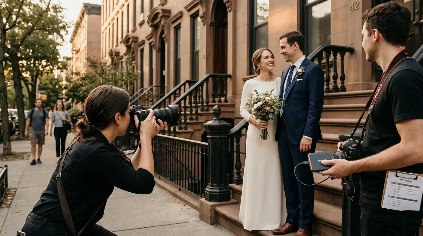 Wedding photography Brooklyn \u2014 photographer photographing couple on a Park Slope brownstone stoop with assistant holding backup camera and hard drive