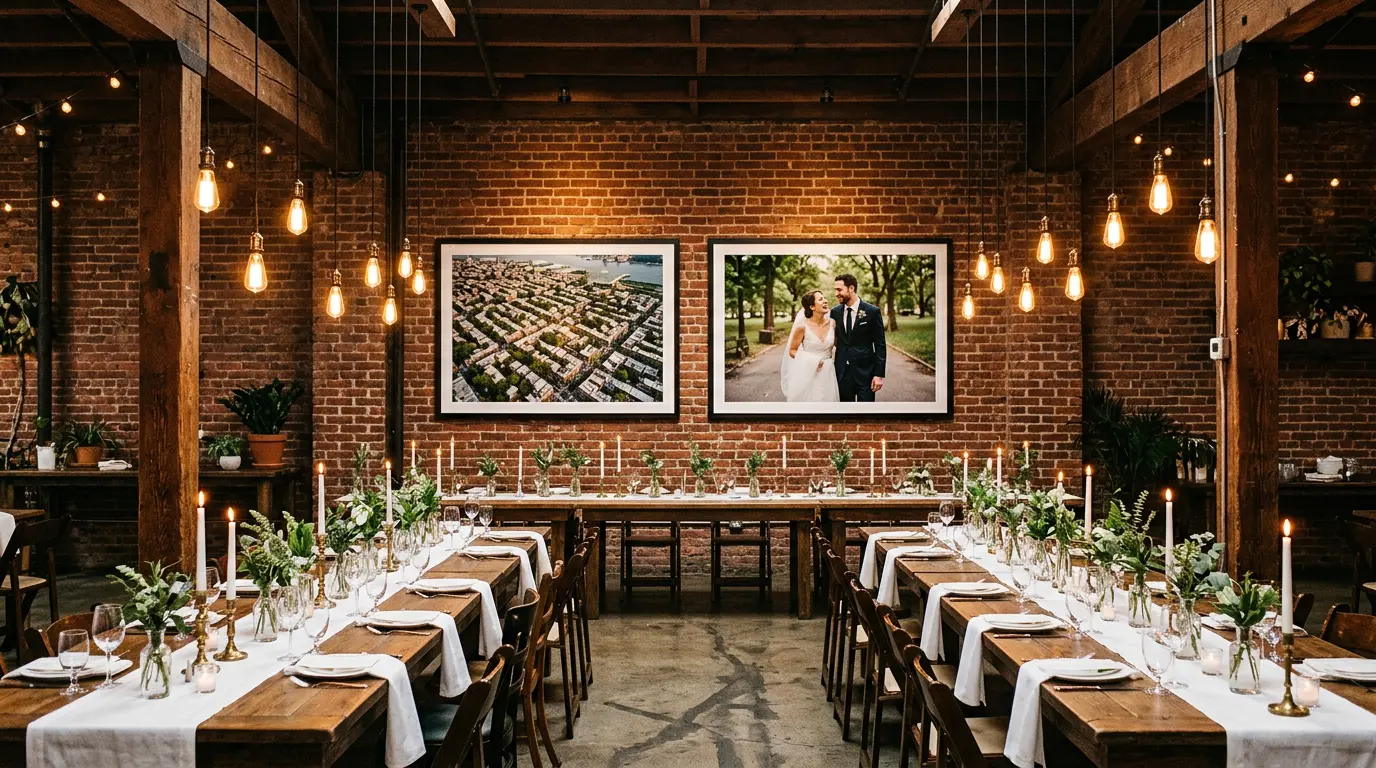 Brooklyn wedding venue interior showing framed aerial and ground-level wedding photography as combined coverage output