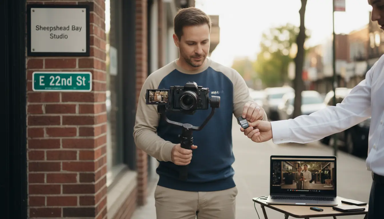 wedding videography in Brooklyn — videographer setting up camera and lavalier microphone at Sheepshead Bay studio entrance