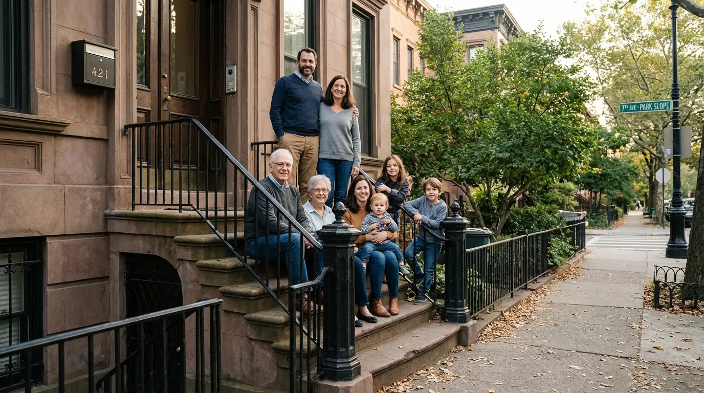 Family and group portrait in Brooklyn brownstone stoop showing multi‑generation family on steps