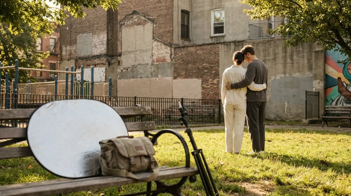 Wedding photographer in Bushwick (Maria Hernandez Park) with couple in a sunlit park patch, camera bag and reflector visible