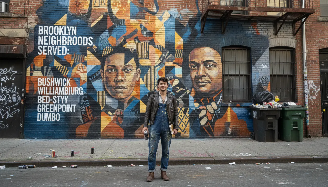 Page context Brooklyn photographer shooting a portrait in front of a mural in Bushwick