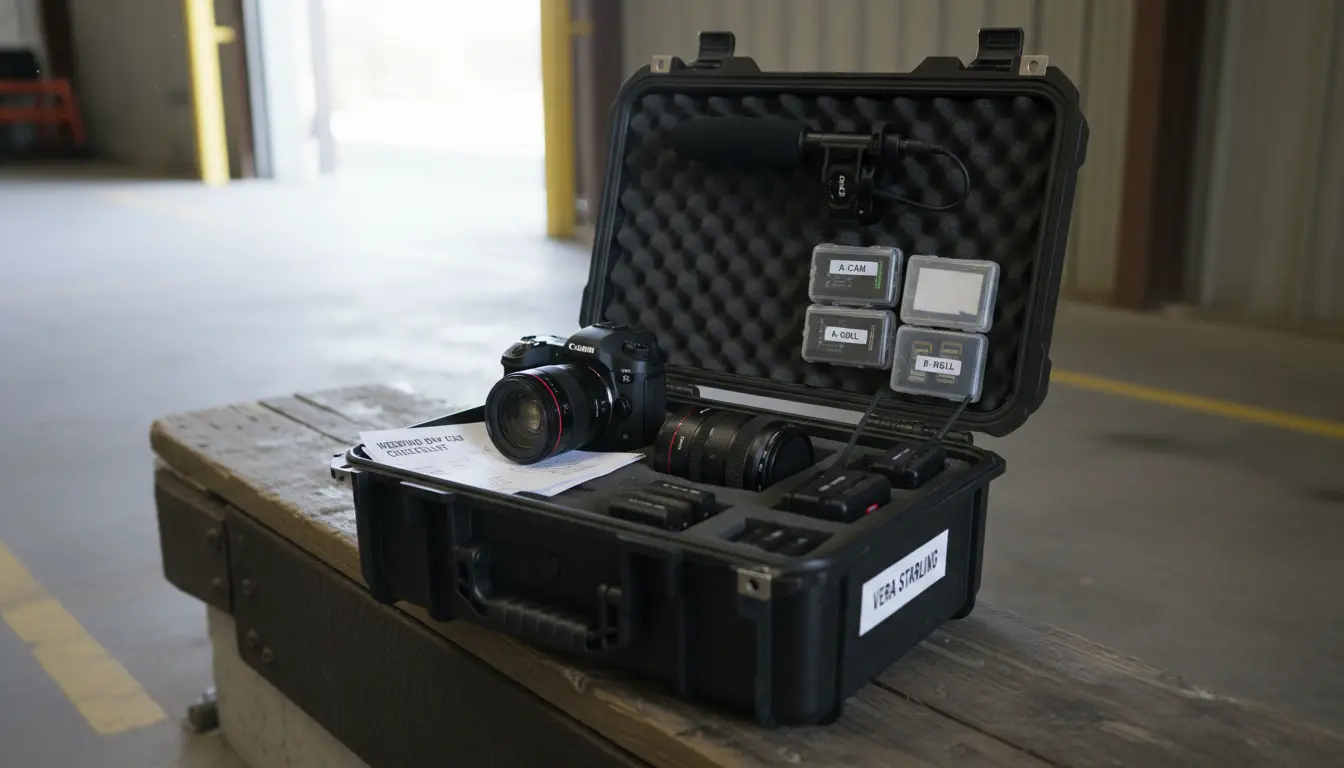 Cinematic wedding videography Brooklyn - camera and audio equipment case with lenses and lavalier microphones