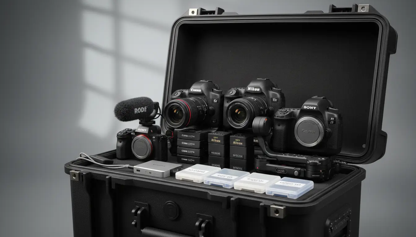 Wedding photo and video equipment in Brooklyn showing cameras, mic, gimbal, and backup drive