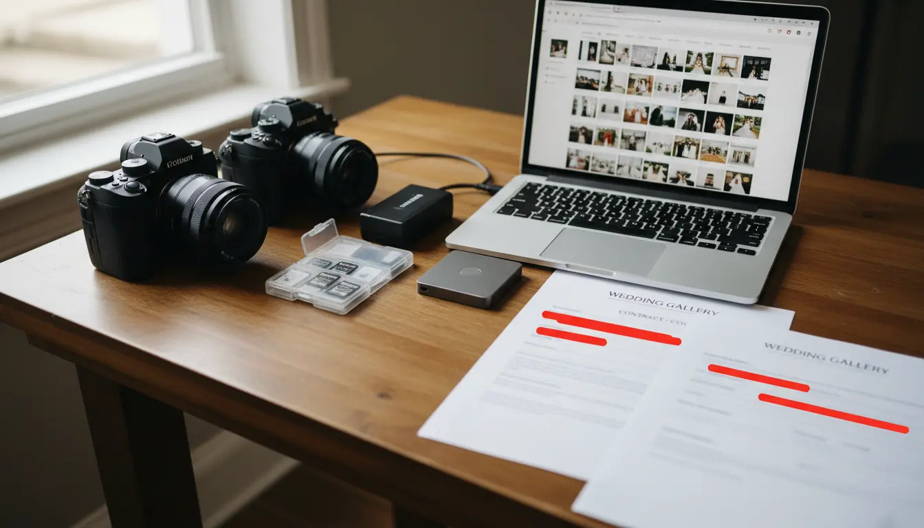 Wedding photographer equipment and gallery delivery laptop in Brooklyn showing cameras memory cards and online gallery thumbnails